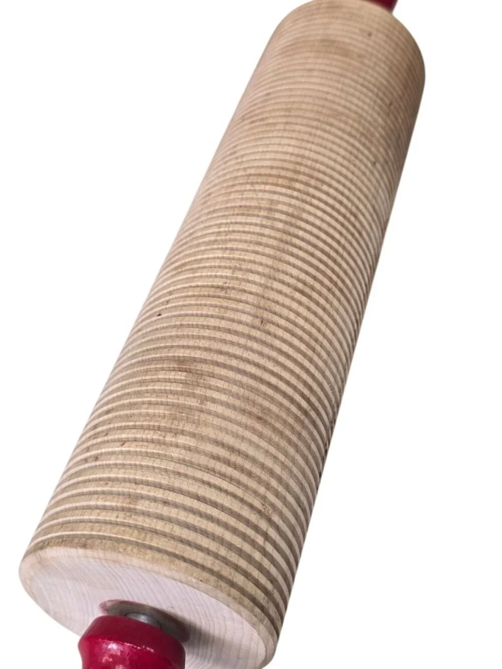 Vintage Wooden Ribbed Rolling Pin with Red Handles